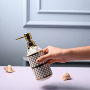 Ceramic Off White Cylindrical Soap Dispenser - Geometrical Glossy Finish