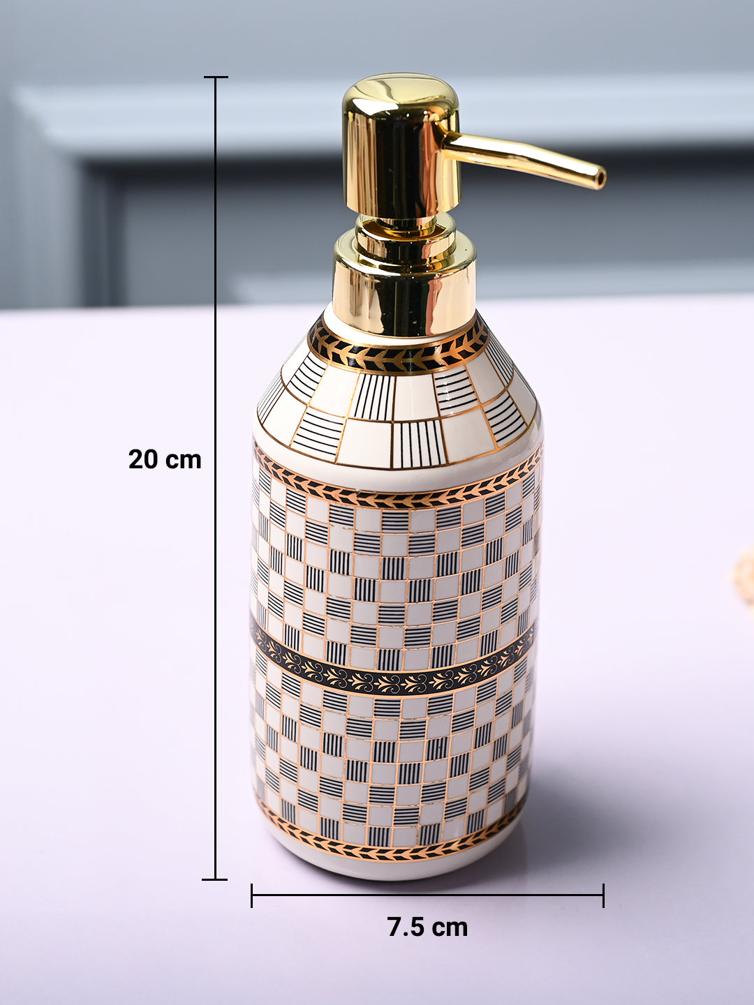 Ceramic Off White Cylindrical Soap Dispenser - Geometrical Glossy Finish