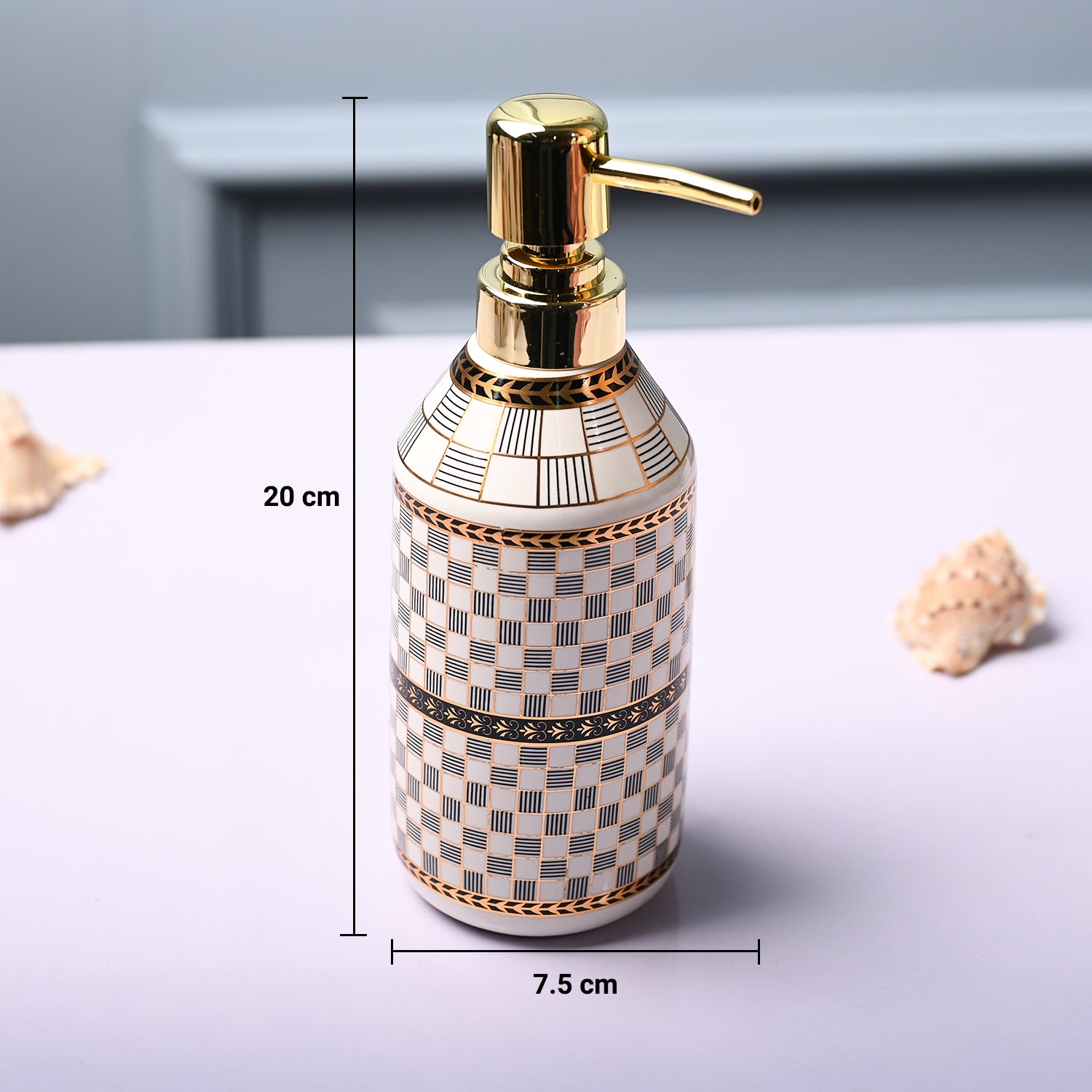 Ceramic Off White Cylindrical Soap Dispenser - Geometrical Glossy Finish