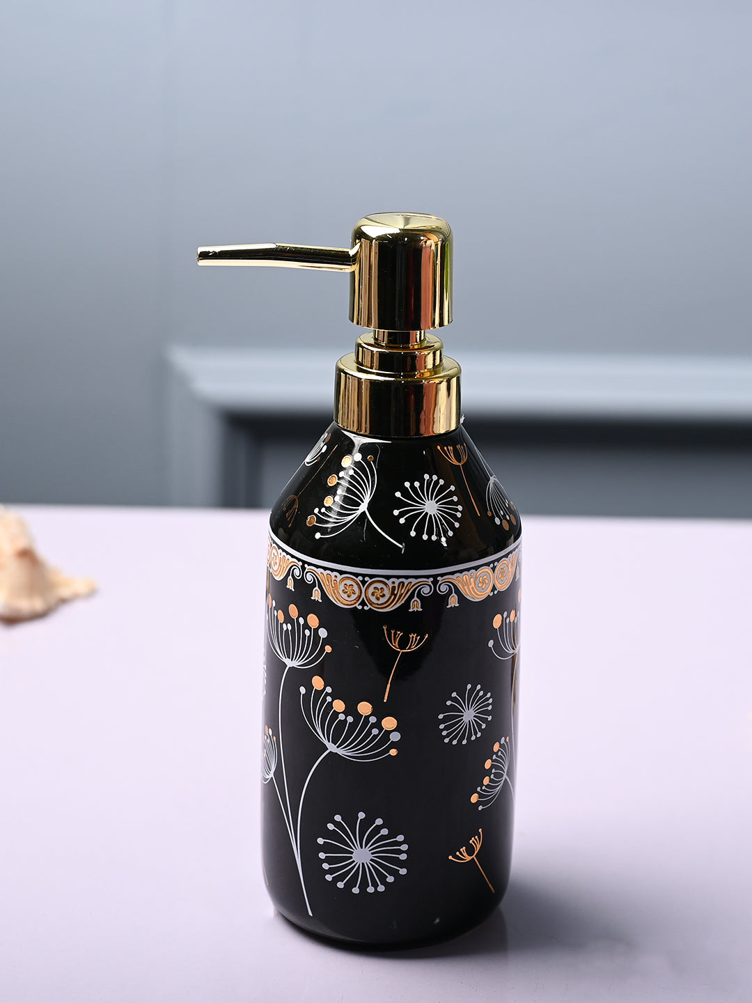 Ceramic Black Cylindrical Soap Dispenser - Flower Design Glossy Finish