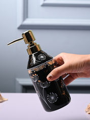 Ceramic Black Cylindrical Soap Dispenser - Flower Design Glossy Finish