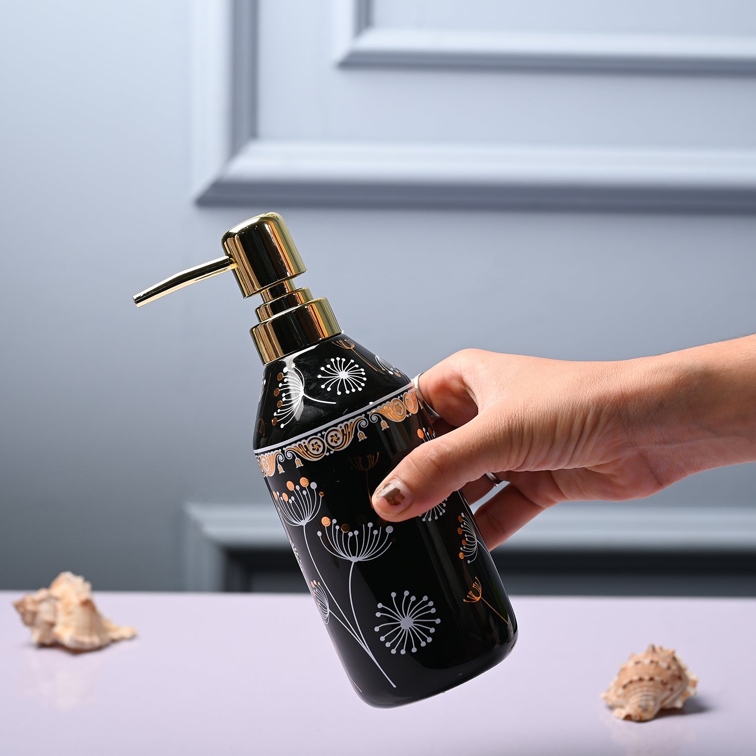 Ceramic Black Cylindrical Soap Dispenser - Flower Design Glossy Finish