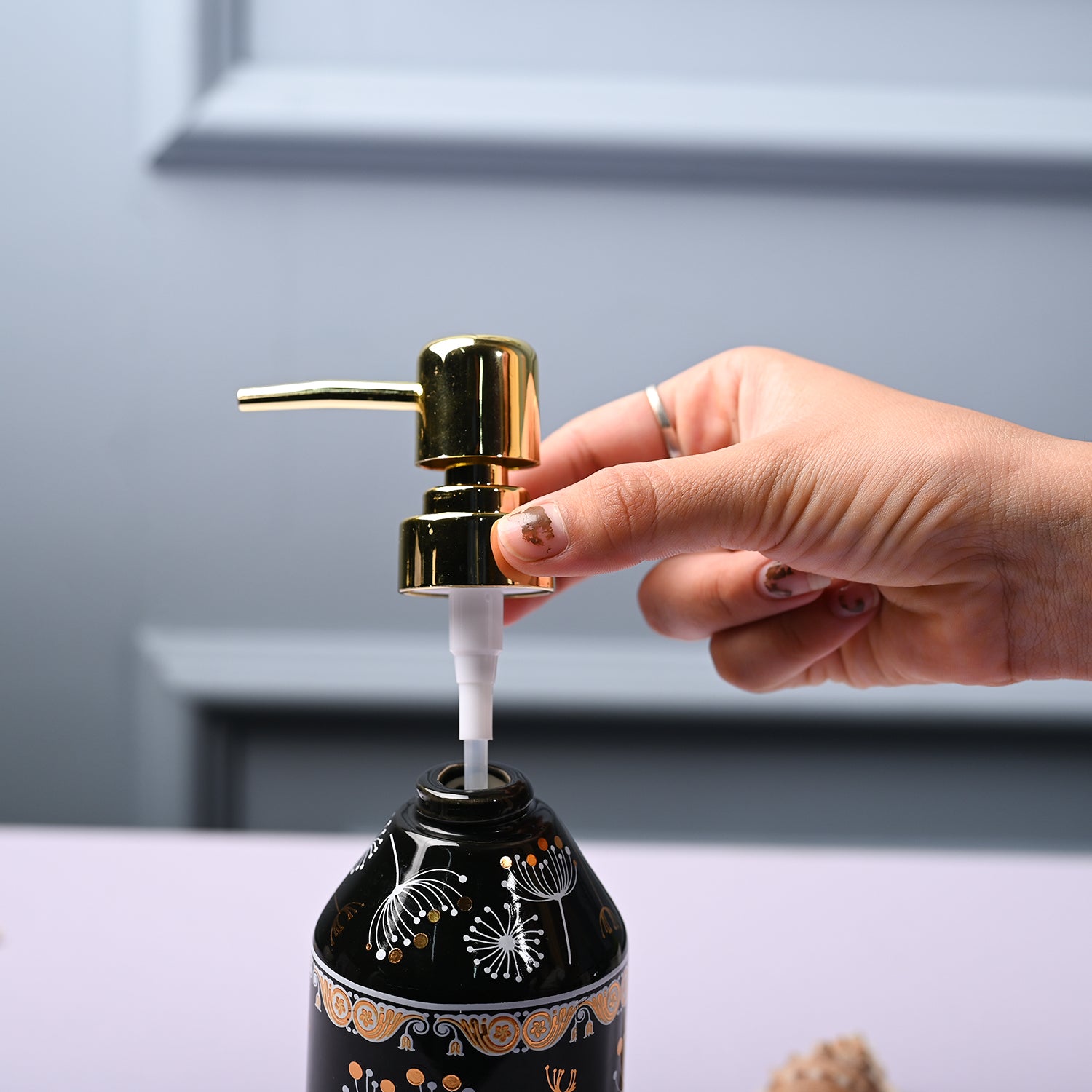 Ceramic Black Cylindrical Soap Dispenser - Flower Design Glossy Finish