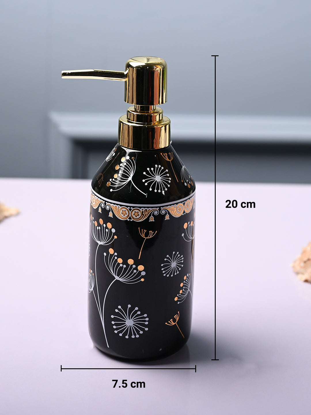 Ceramic Black Cylindrical Soap Dispenser - Flower Design Glossy Finish