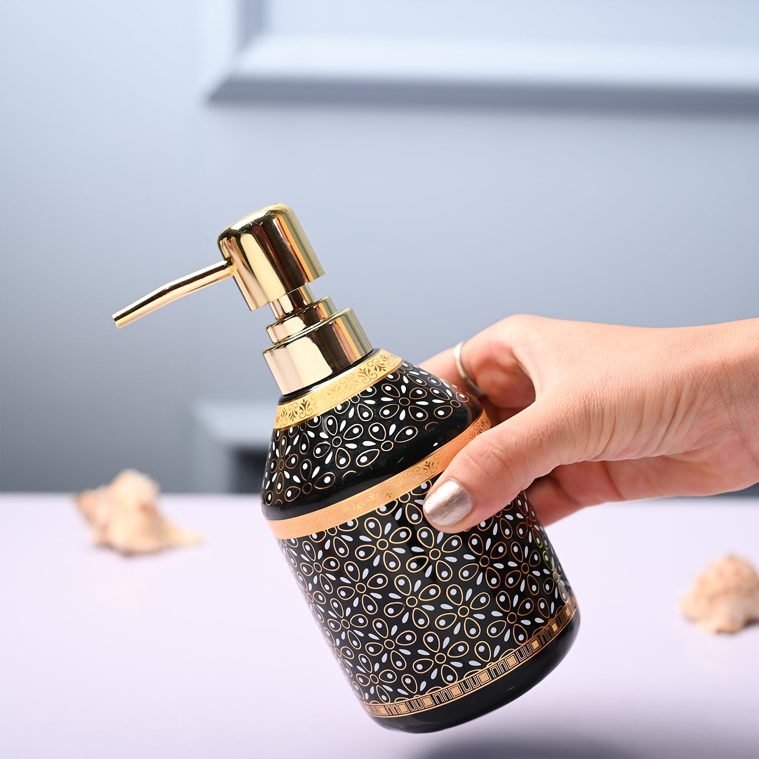 Ceramic Black Cylindrical Soap Dispenser - Dot Design Glossy
