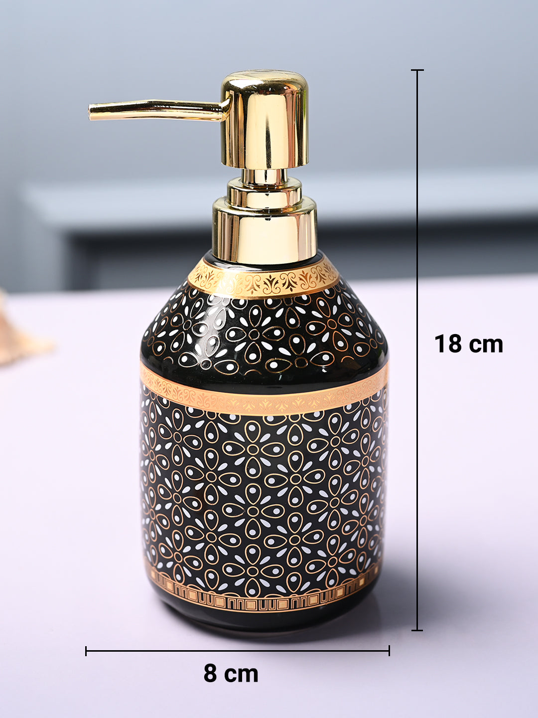 Ceramic Black Cylindrical Soap Dispenser - Dot Design Glossy