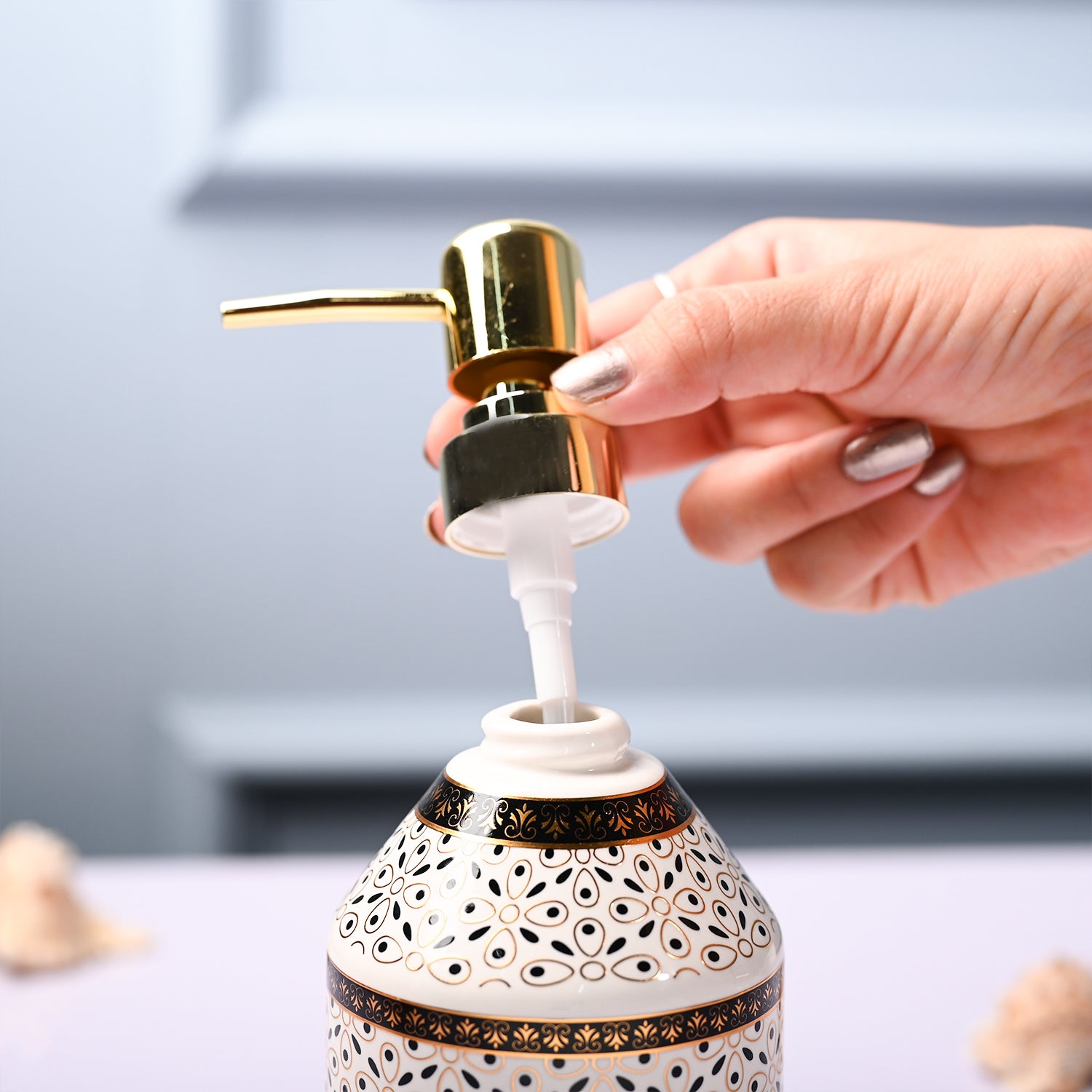 Ceramic Off White Soap Dispenser - Geometrical Glossy Finish
