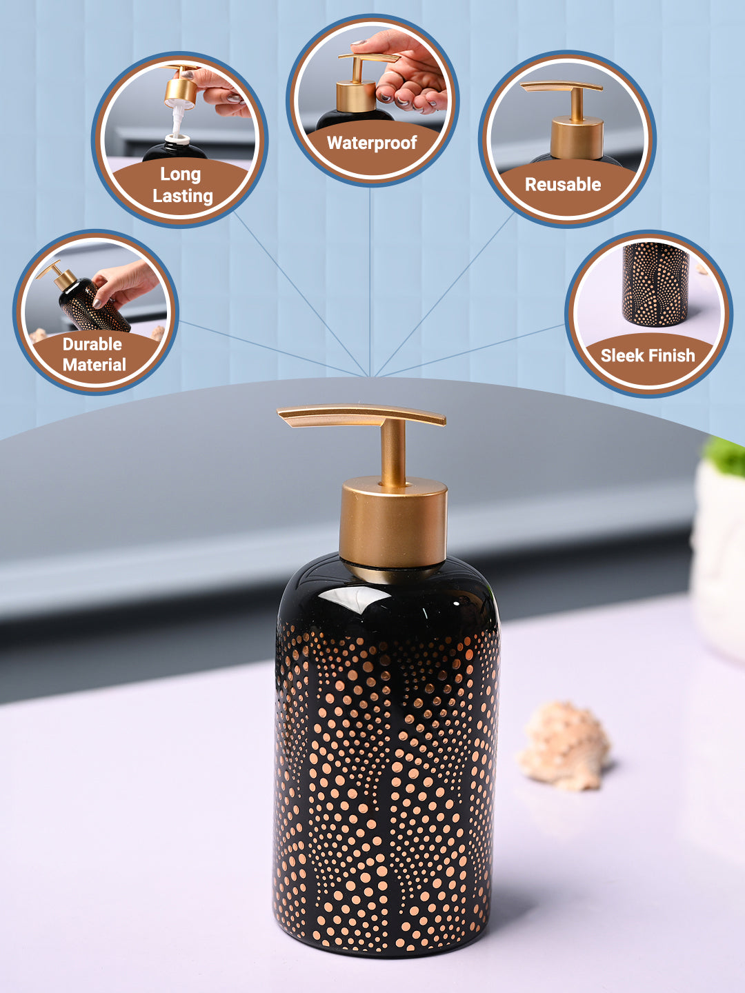 Ceramic Black Cylindrical Soap Dispenser - Dot Design