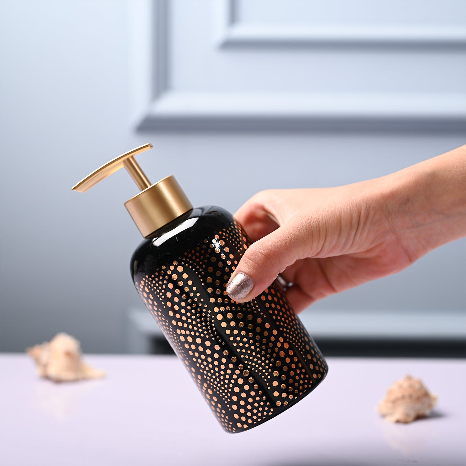 Ceramic Black Cylindrical Soap Dispenser - Dot Design