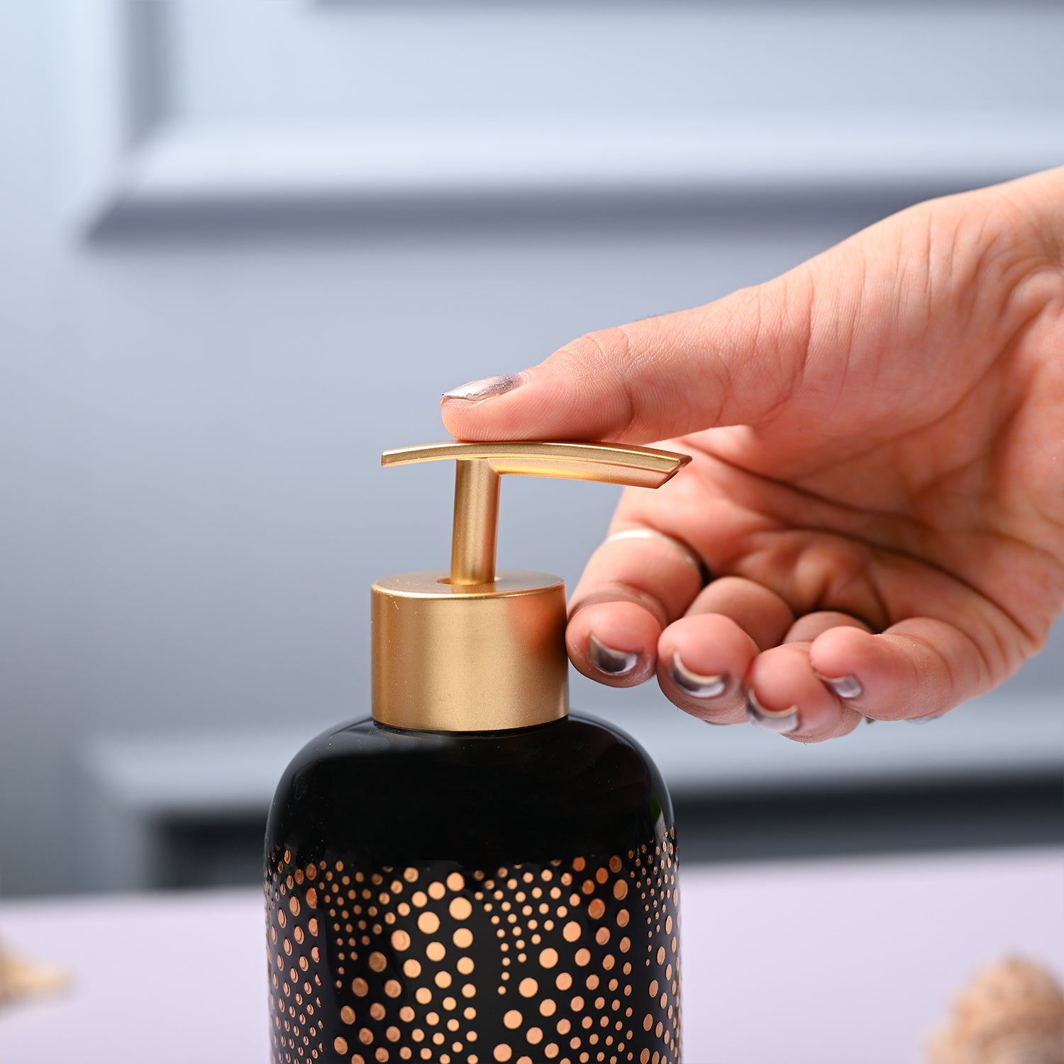 Ceramic Black Cylindrical Soap Dispenser - Dot Design