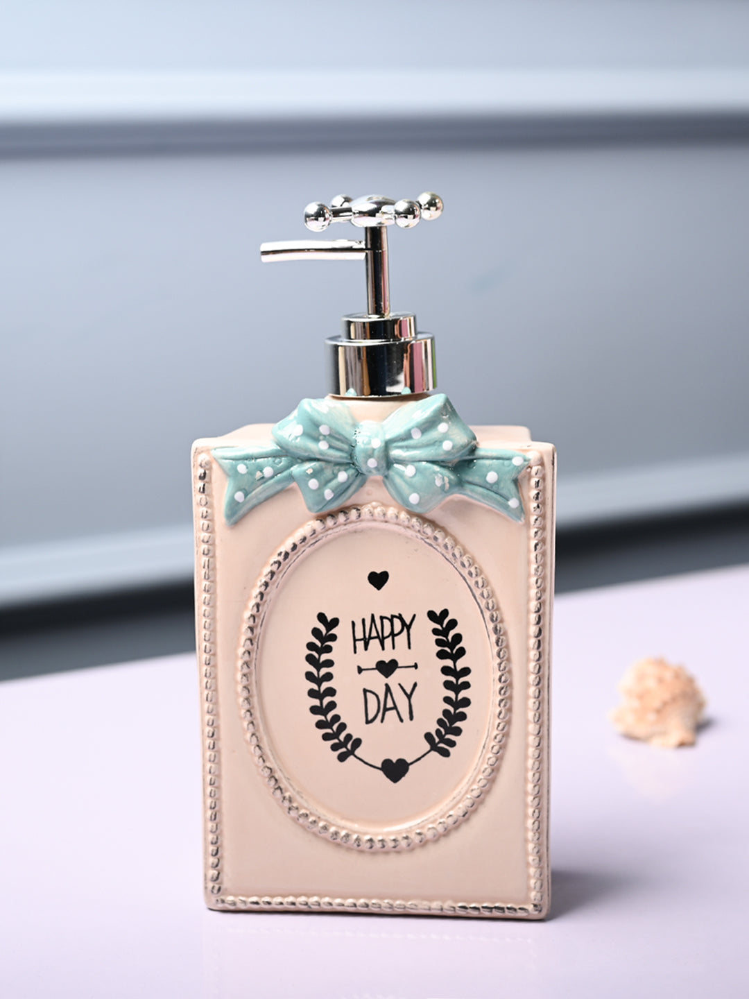 Ceramic Cream Rectangle Soap Dispenser - Happy Day Print Matte Finish