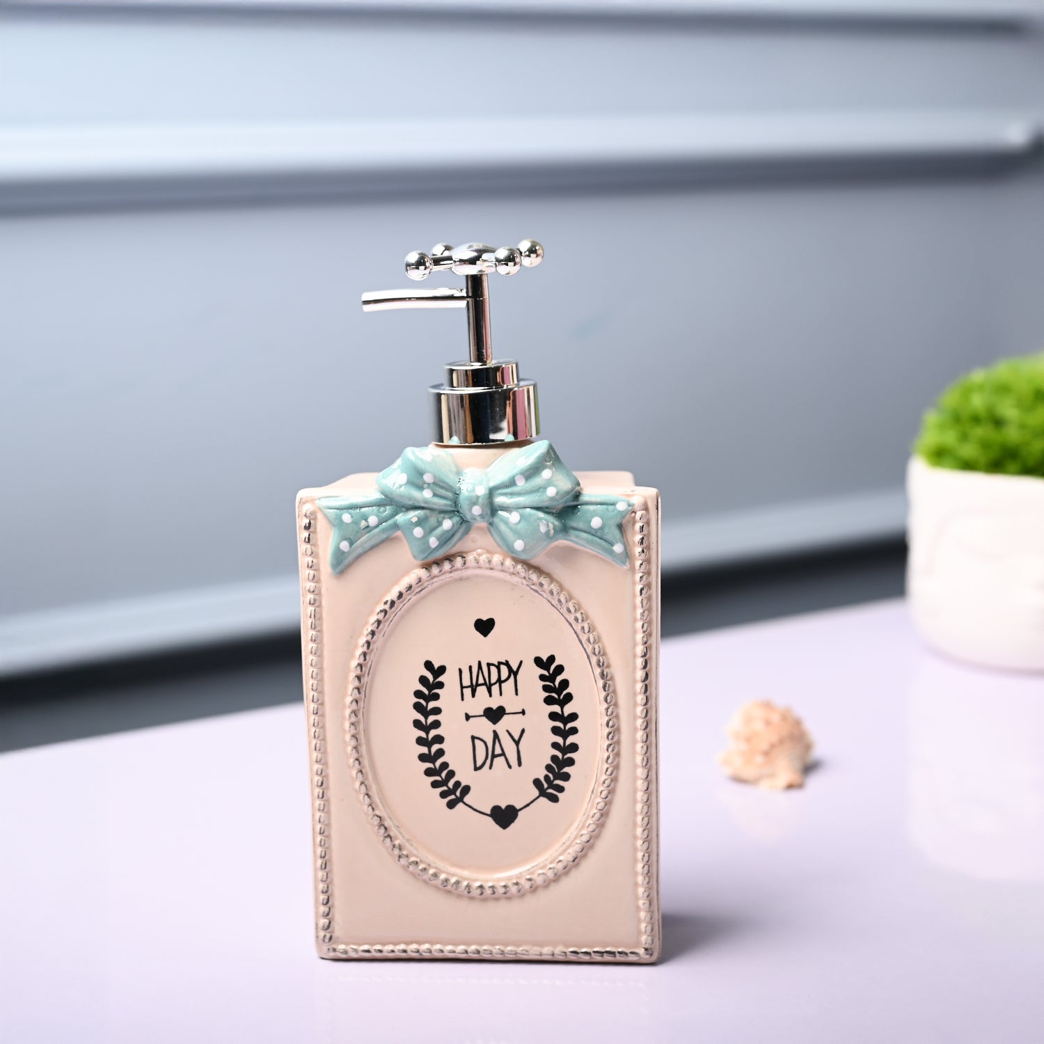 Ceramic Cream Rectangle Soap Dispenser - Happy Day Print Matte Finish
