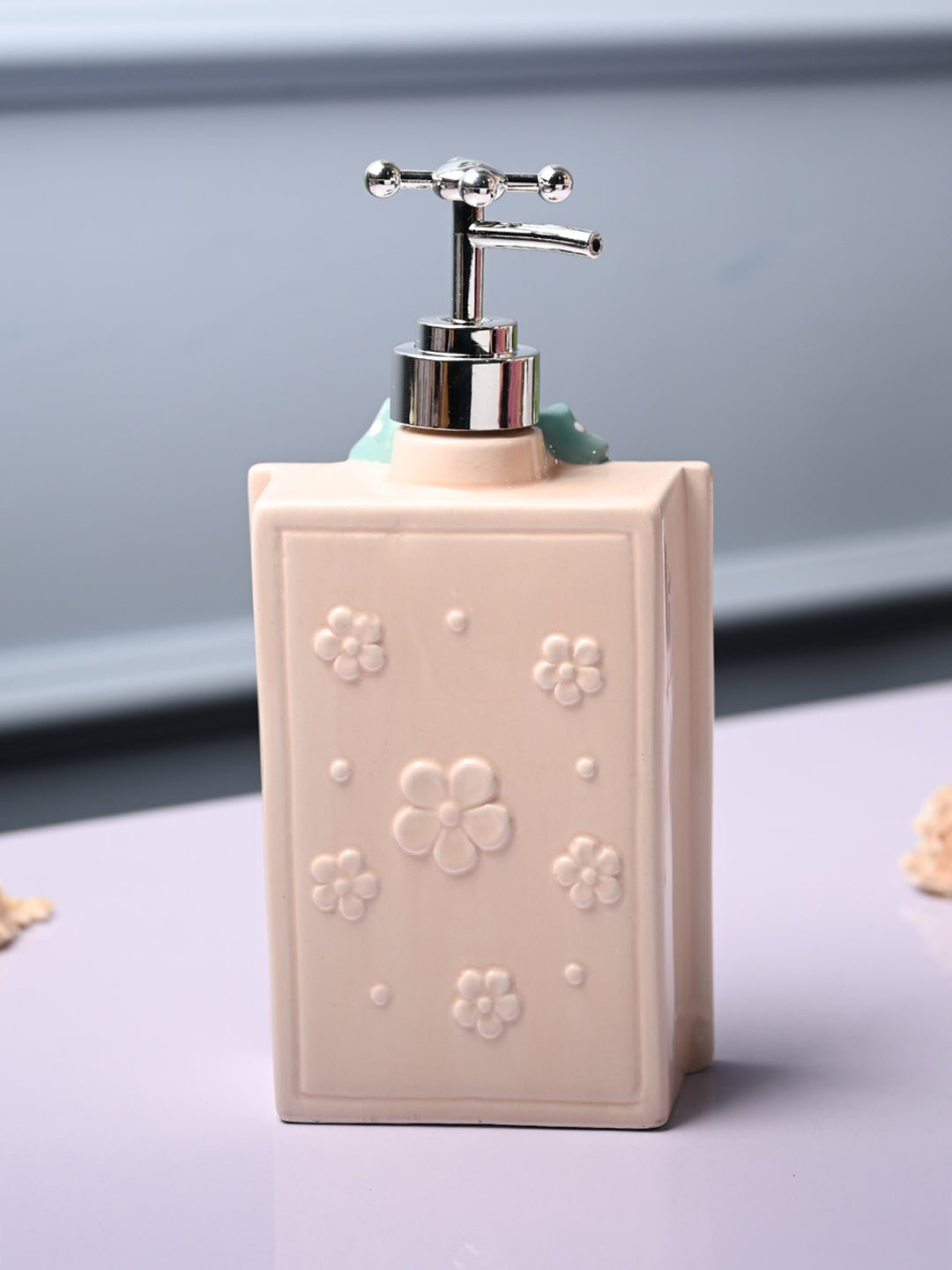 Ceramic Cream Rectangle Soap Dispenser - Happy Day Print Matte Finish