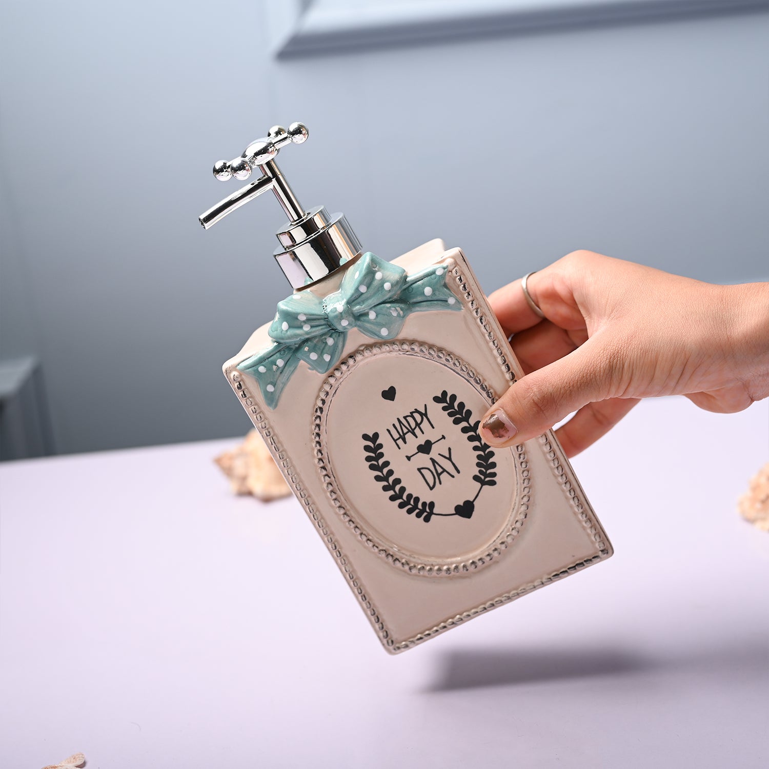 Ceramic Cream Rectangle Soap Dispenser - Happy Day Print Matte Finish