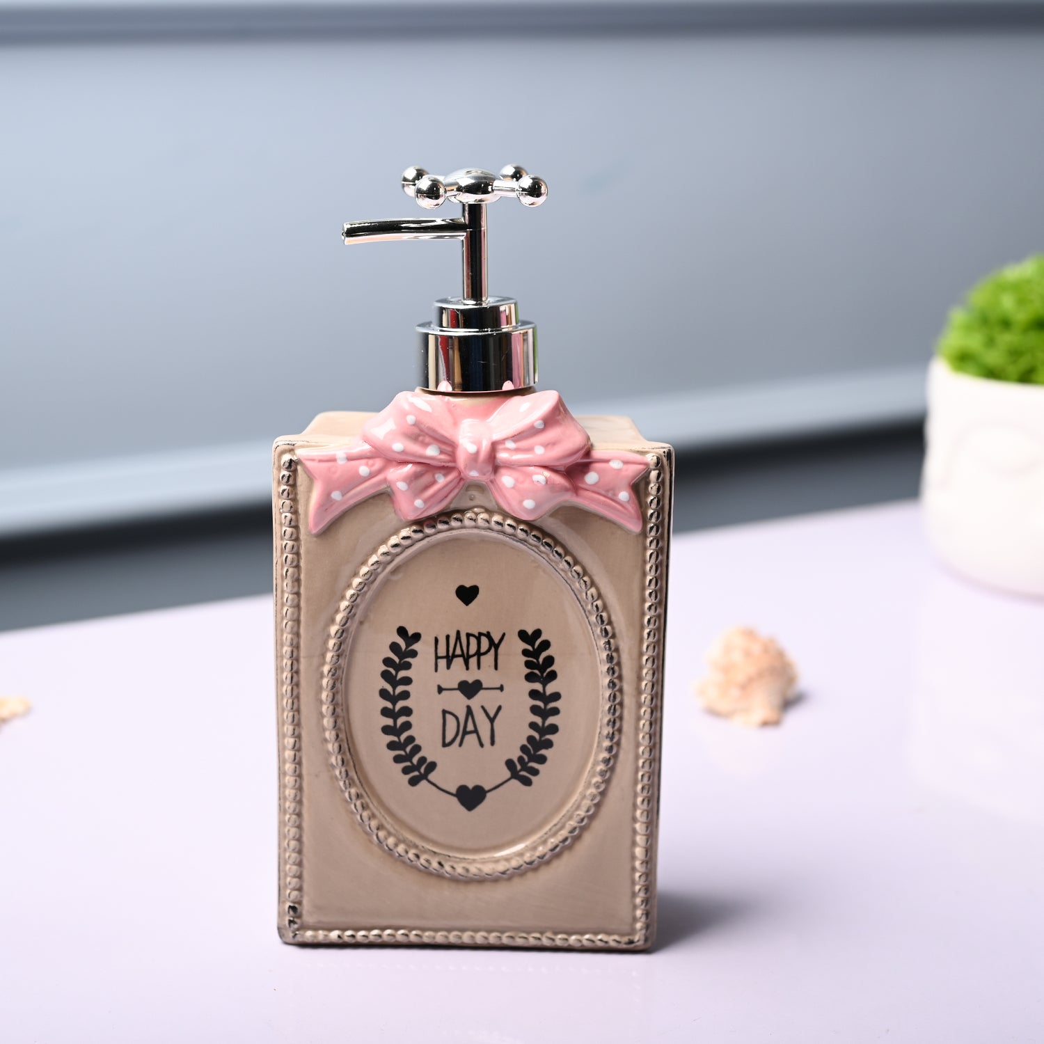 Ceramic Light Brown Rectangle Soap Dispenser - Happy Day Print Matte Finish