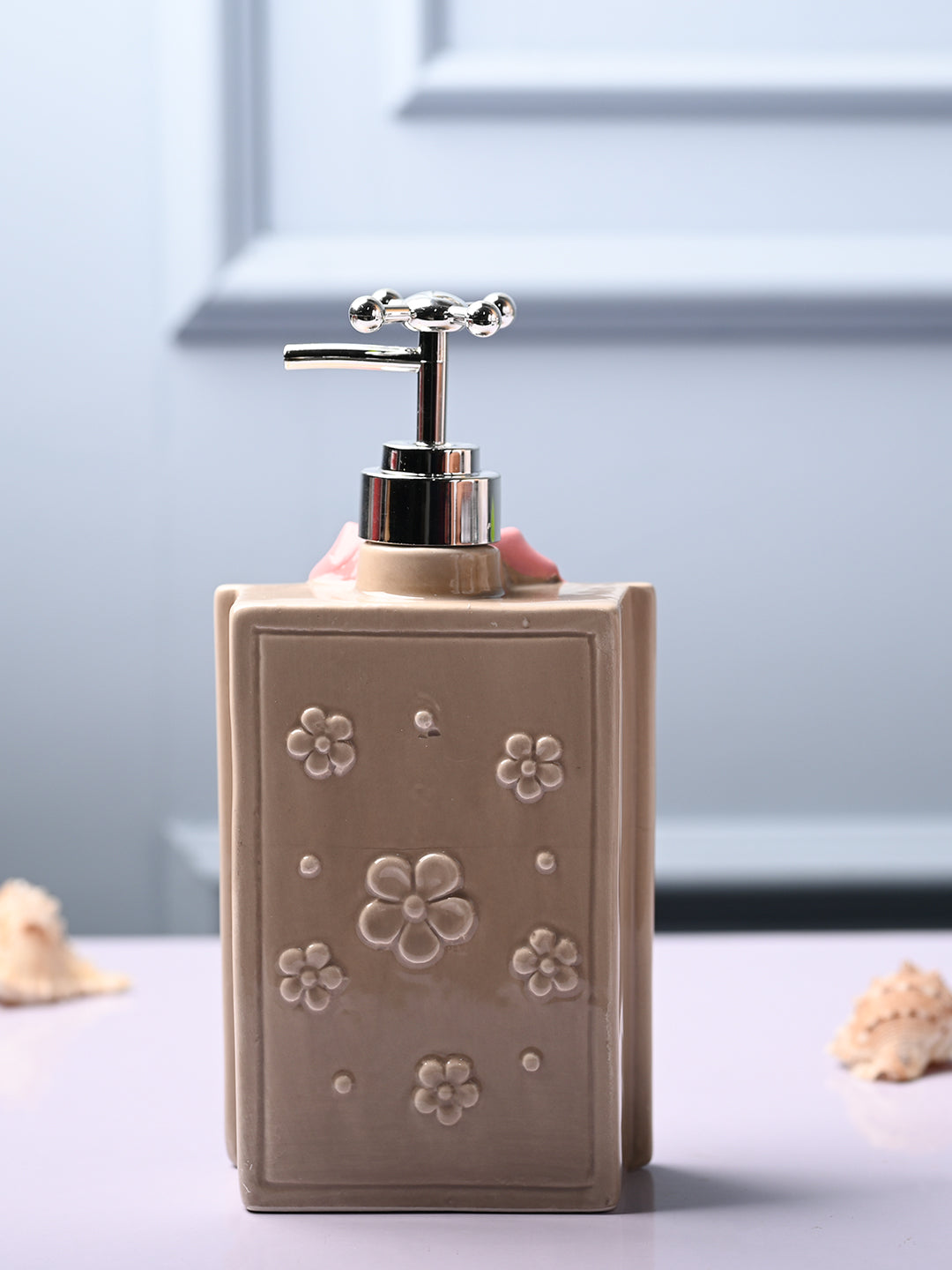 Ceramic Light Brown Rectangle Soap Dispenser - Happy Day Print Matte Finish