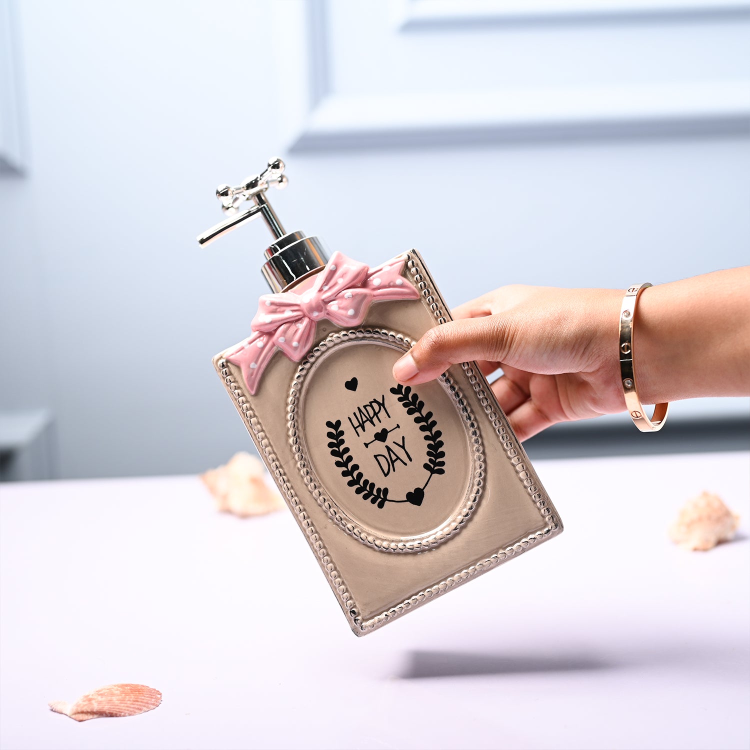 Ceramic Light Brown Rectangle Soap Dispenser - Happy Day Print Matte Finish