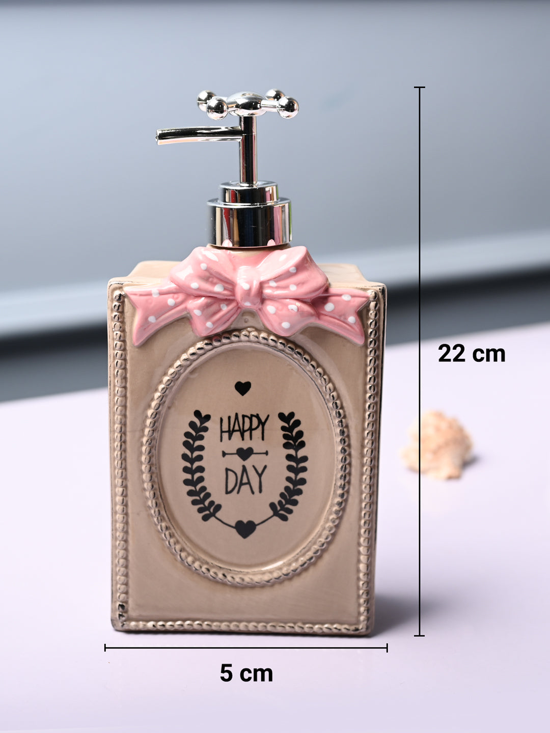 Ceramic Light Brown Rectangle Soap Dispenser - Happy Day Print Matte Finish