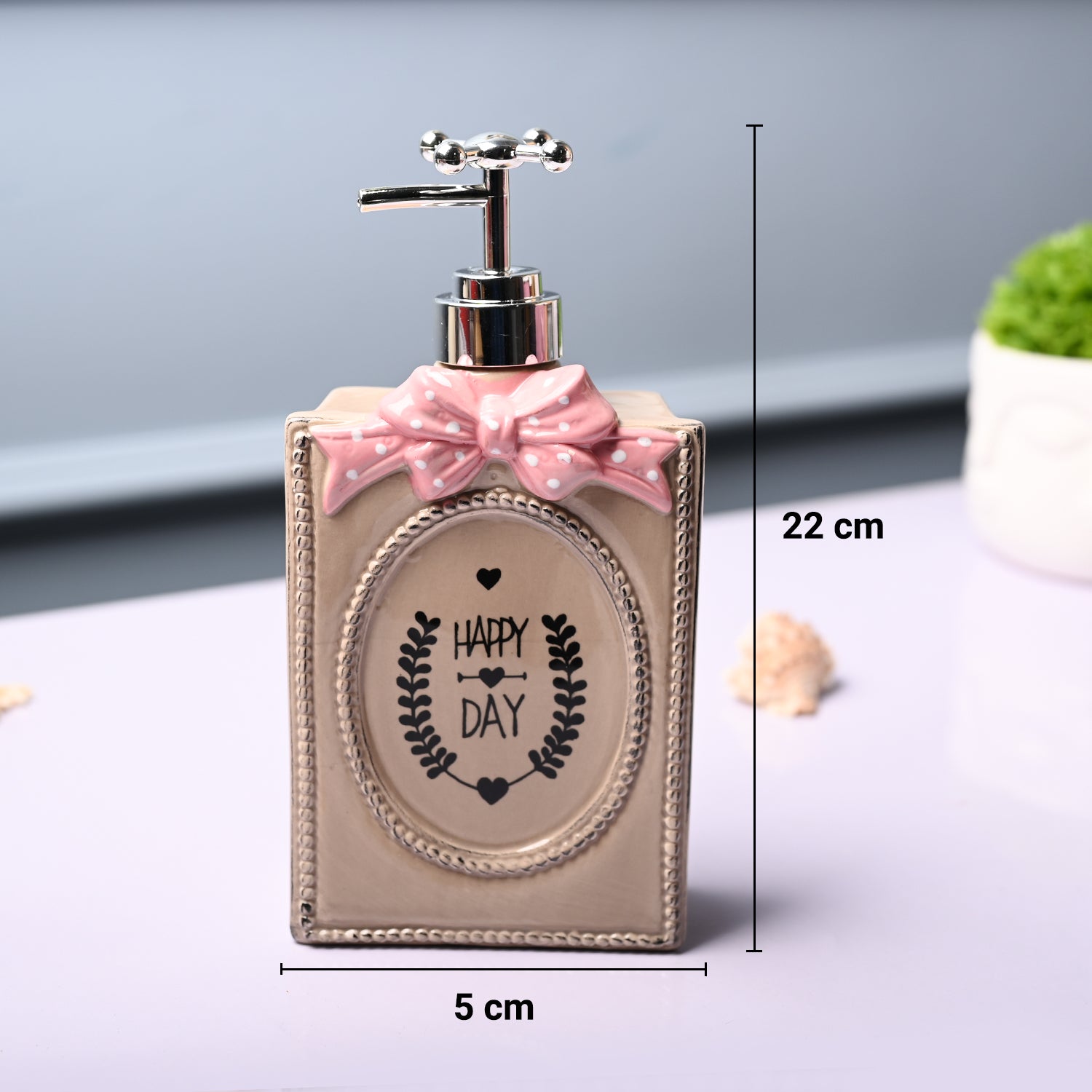 Ceramic Light Brown Rectangle Soap Dispenser - Happy Day Print Matte Finish
