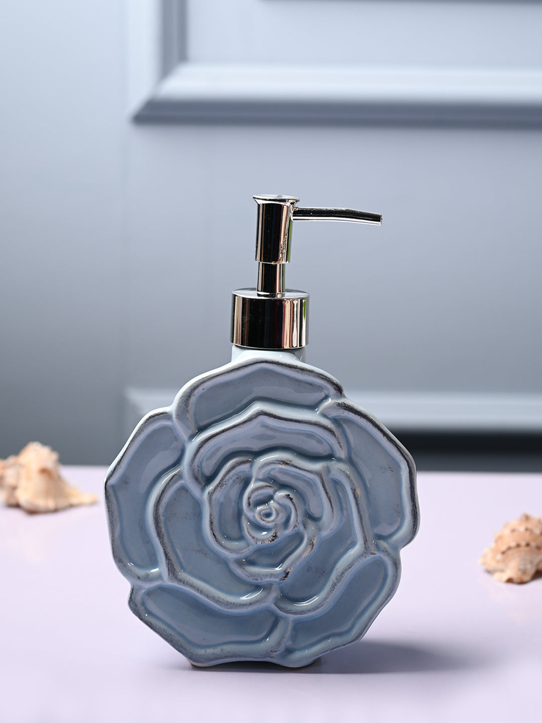 Ceramic Blue Rose Shaped Soap Dispenser - Flower Design Matte Finish