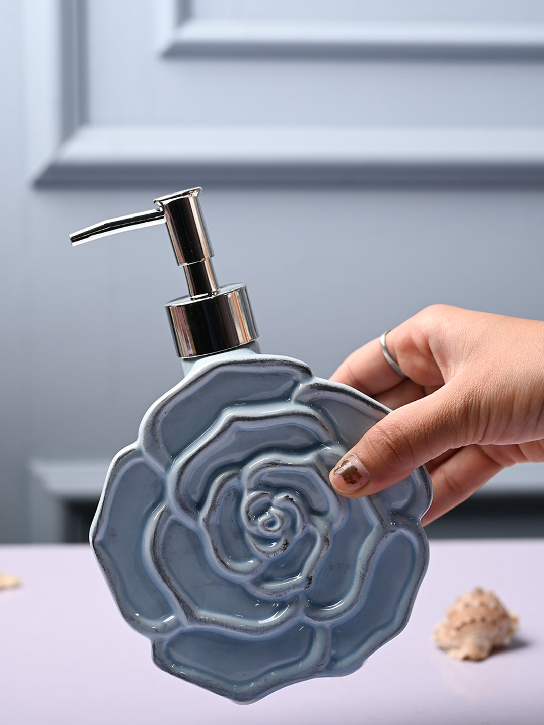 Ceramic Blue Rose Shaped Soap Dispenser - Flower Design Matte Finish