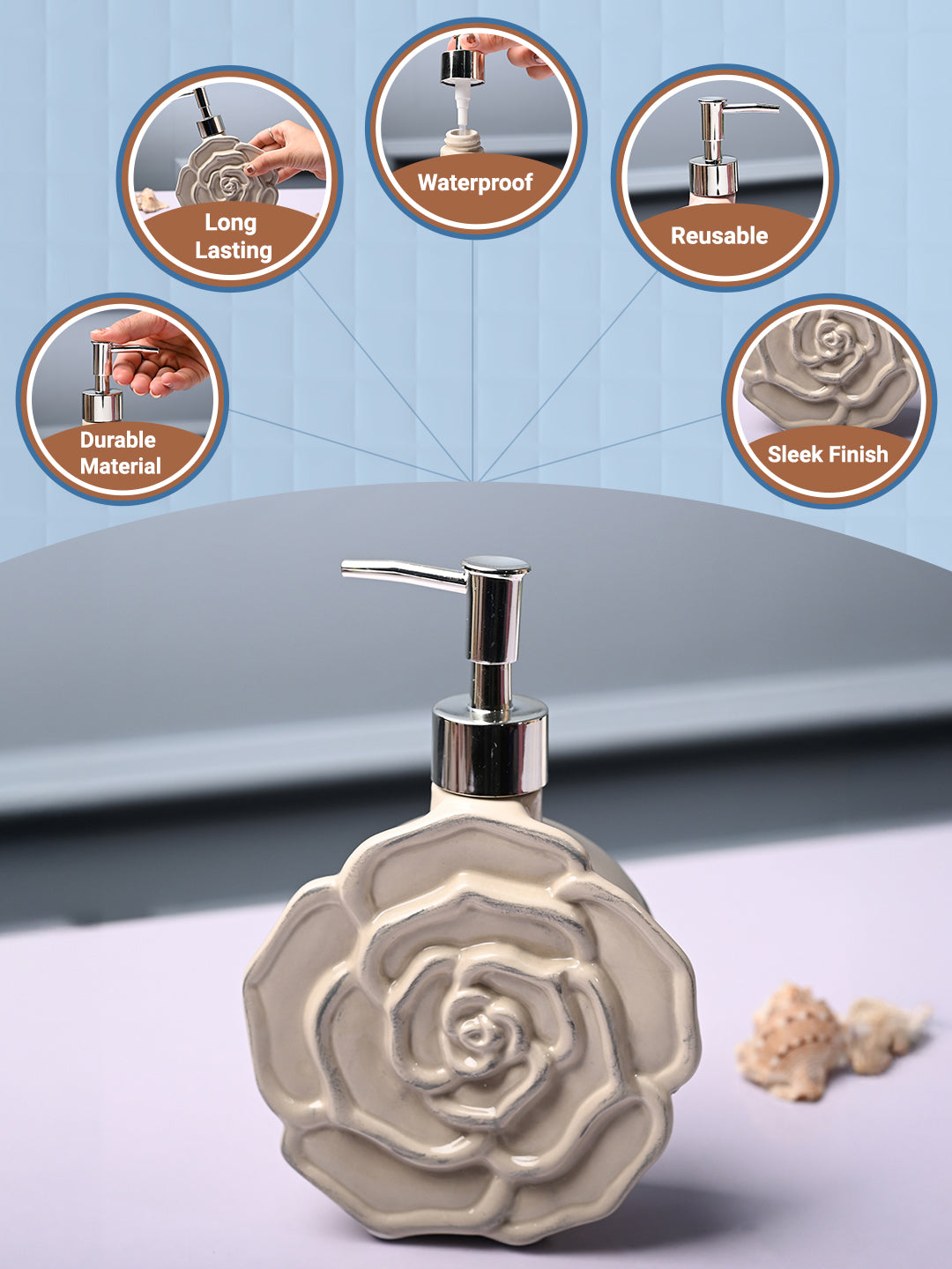 Ceramic Cream Rose Shaped Soap Dispenser - Flower Design Matte Finish