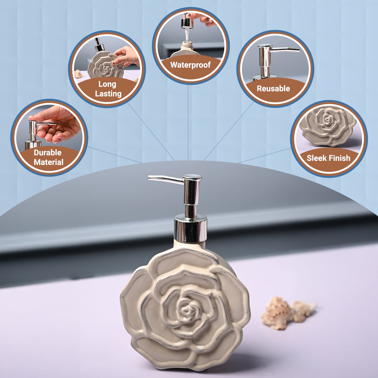 Ceramic Cream Rose Shaped Soap Dispenser - Flower Design Matte Finish