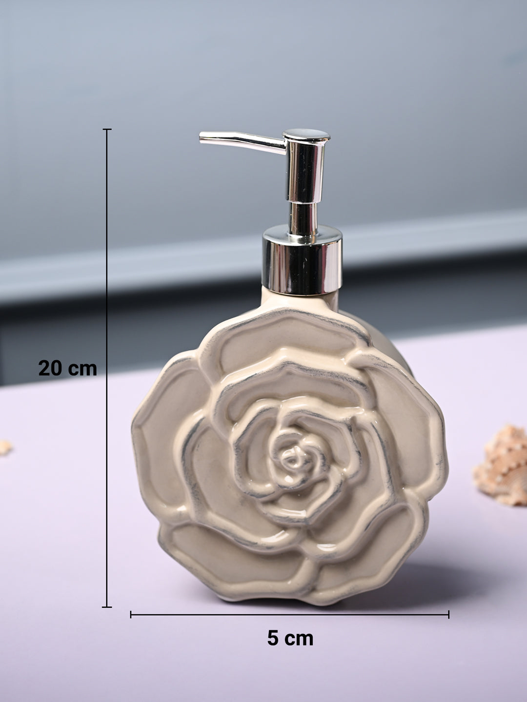 Ceramic Cream Rose Shaped Soap Dispenser - Flower Design Matte Finish