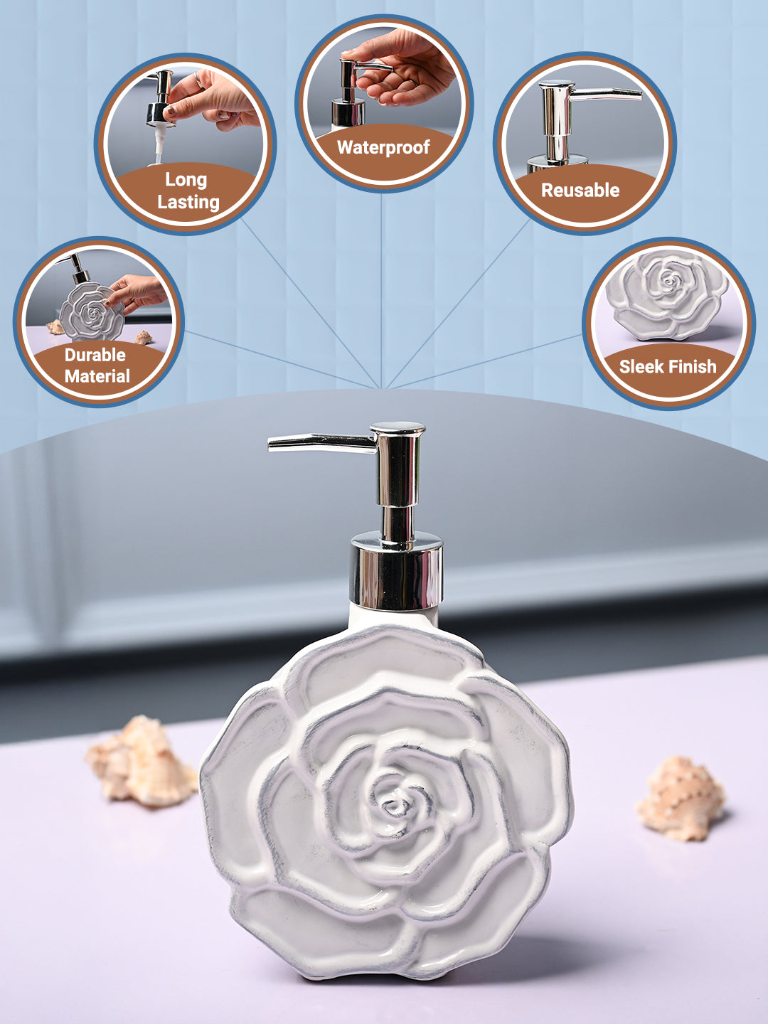 Ceramic White Rose Shaped Soap Dispenser - Flower Design Matte Finish