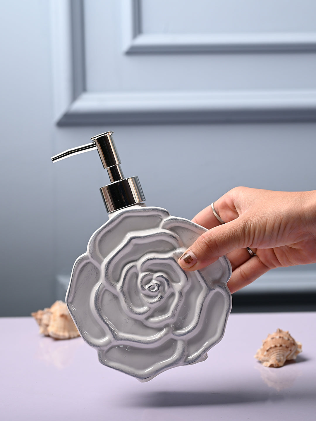 Ceramic White Rose Shaped Soap Dispenser - Flower Design Matte Finish