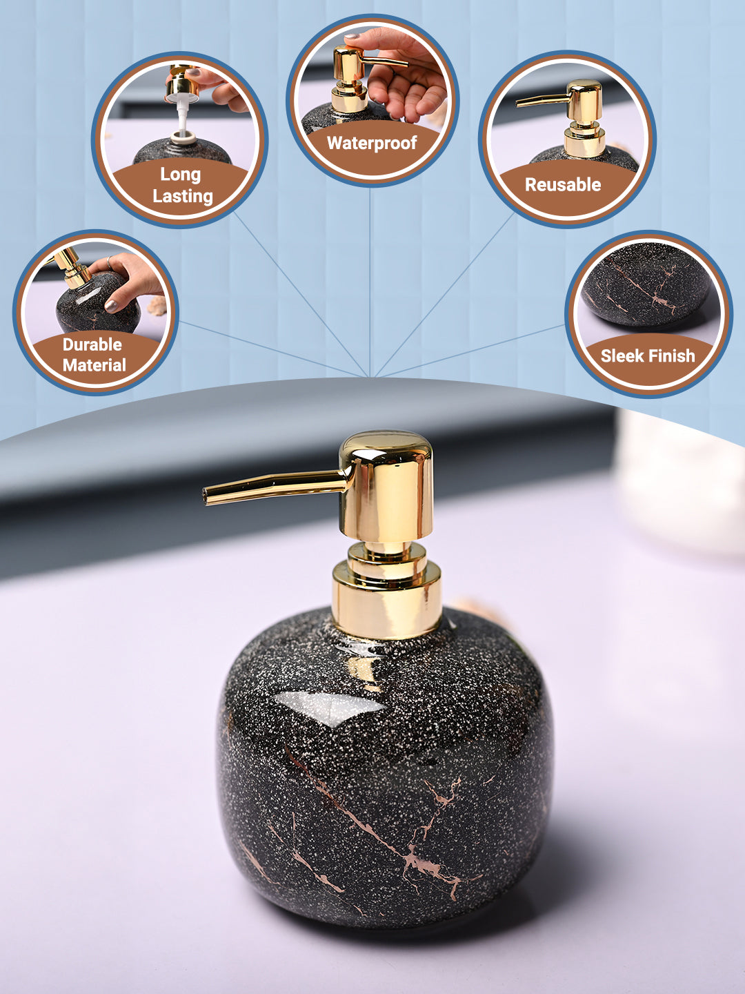 Ceramic Black Cylindrical Soap Dispenser - Glossy Finish