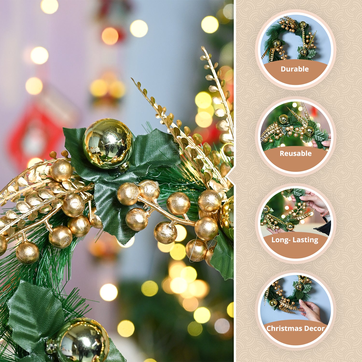 Christmas Wreath (26x26x3 cm) - Green & Golden, X-Mas Wreath