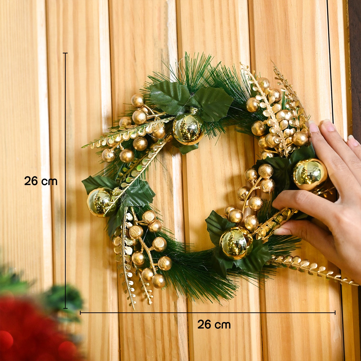Christmas Wreath (26x26x3 cm) - Green & Golden, X-Mas Wreath