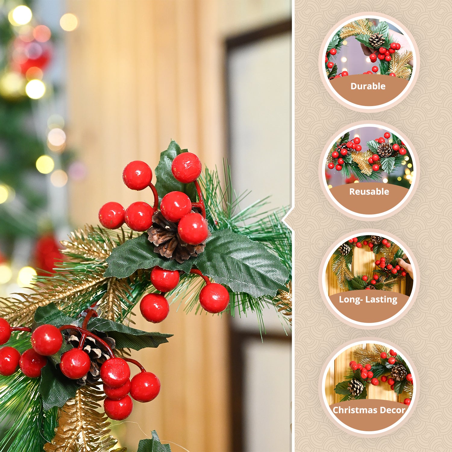 Christmas Wreath (21x21x4 cm) - Green & Red, X-Mas Wreath