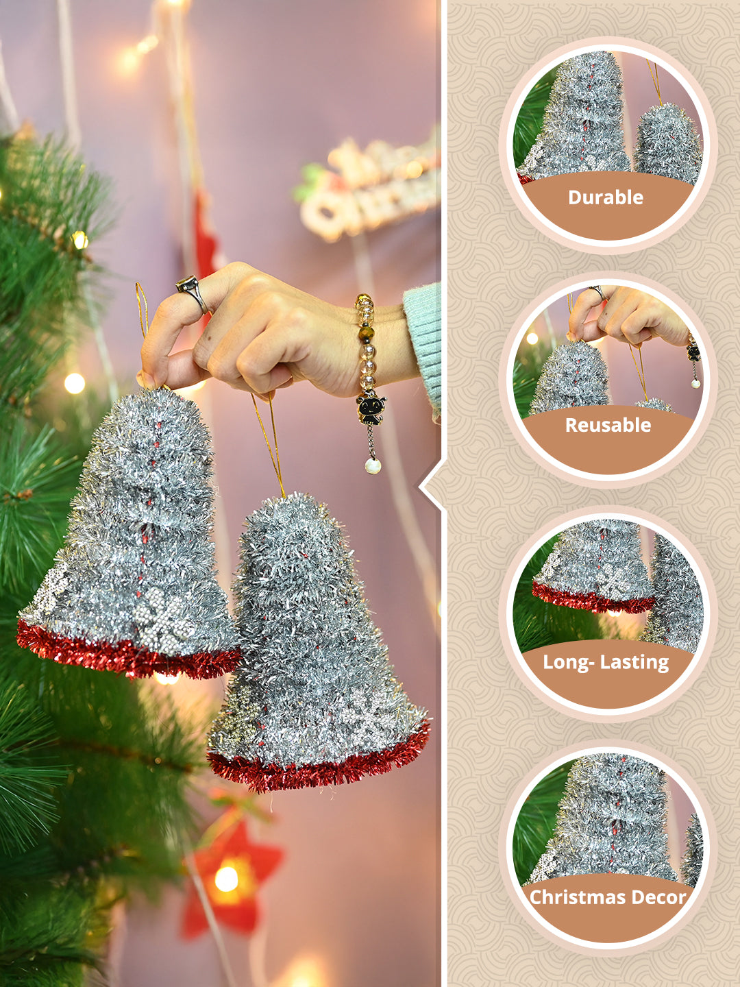 Christmas Decoration Bell Set Of 2 - Silver, X-Mas Hanging