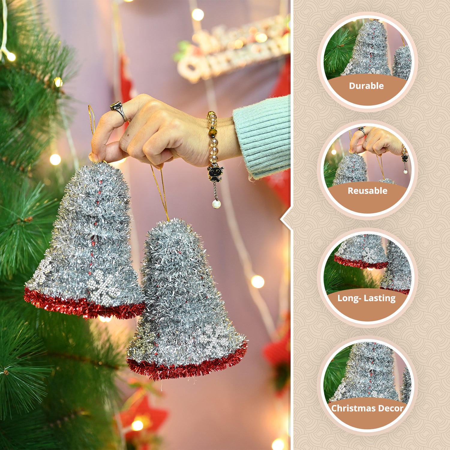 Christmas Decoration Bell Set Of 2 - Silver, X-Mas Hanging