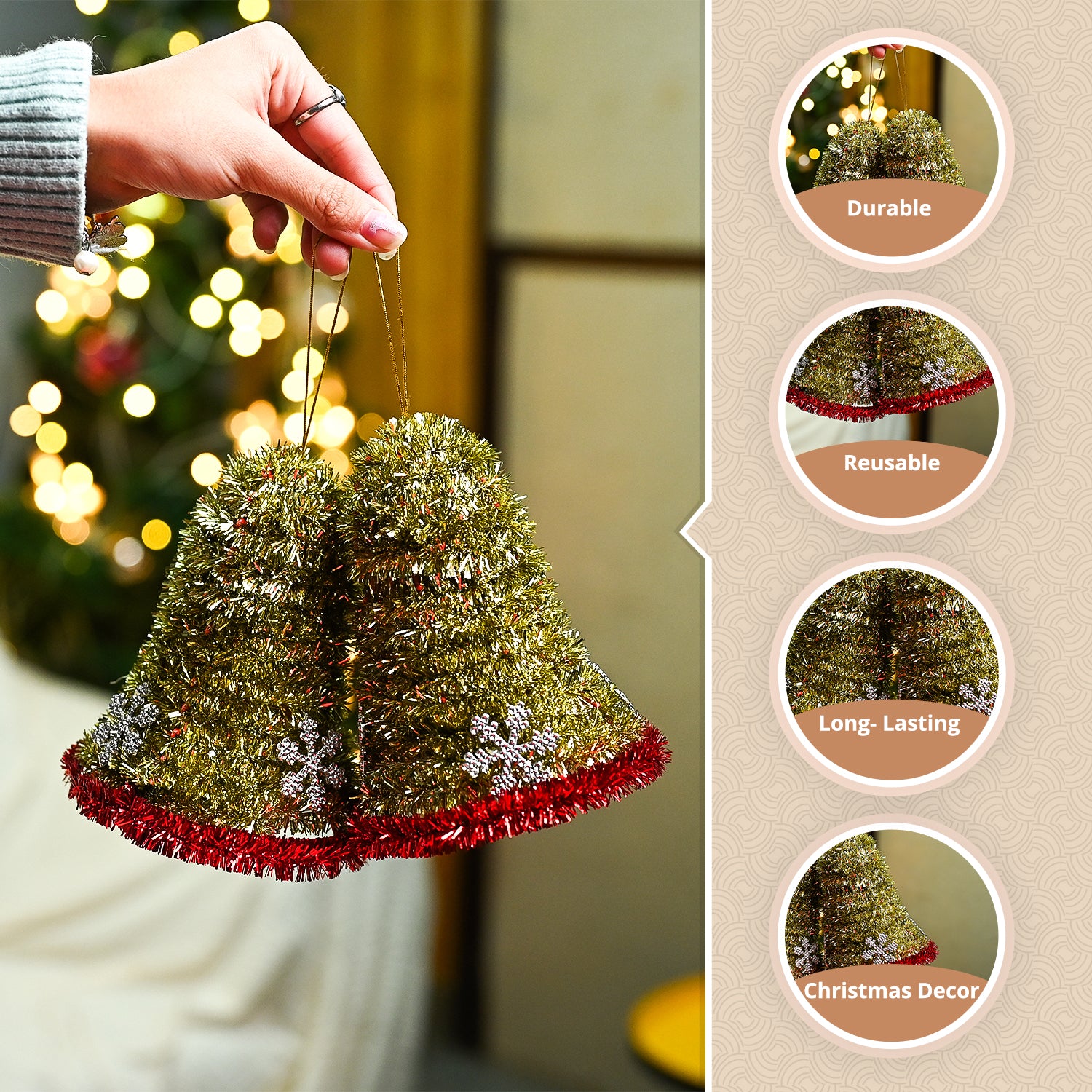 Christmas Decoration Bell Set Of 2 - Golden, X-Mas Hanging