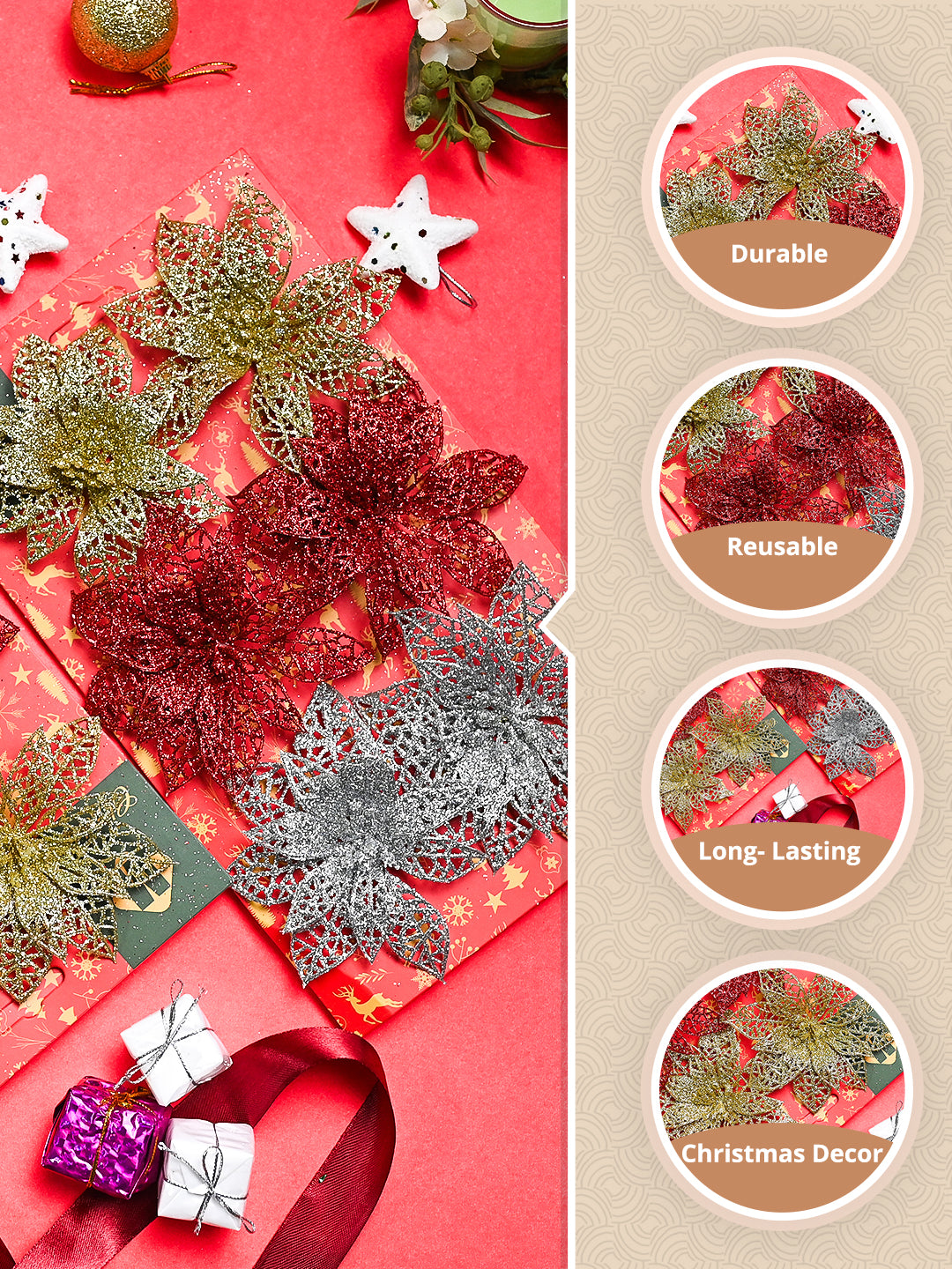 Christmas Decoration Star Set Of 2 (12 Pcs) - Golden & Silver, X-Mas Hanging