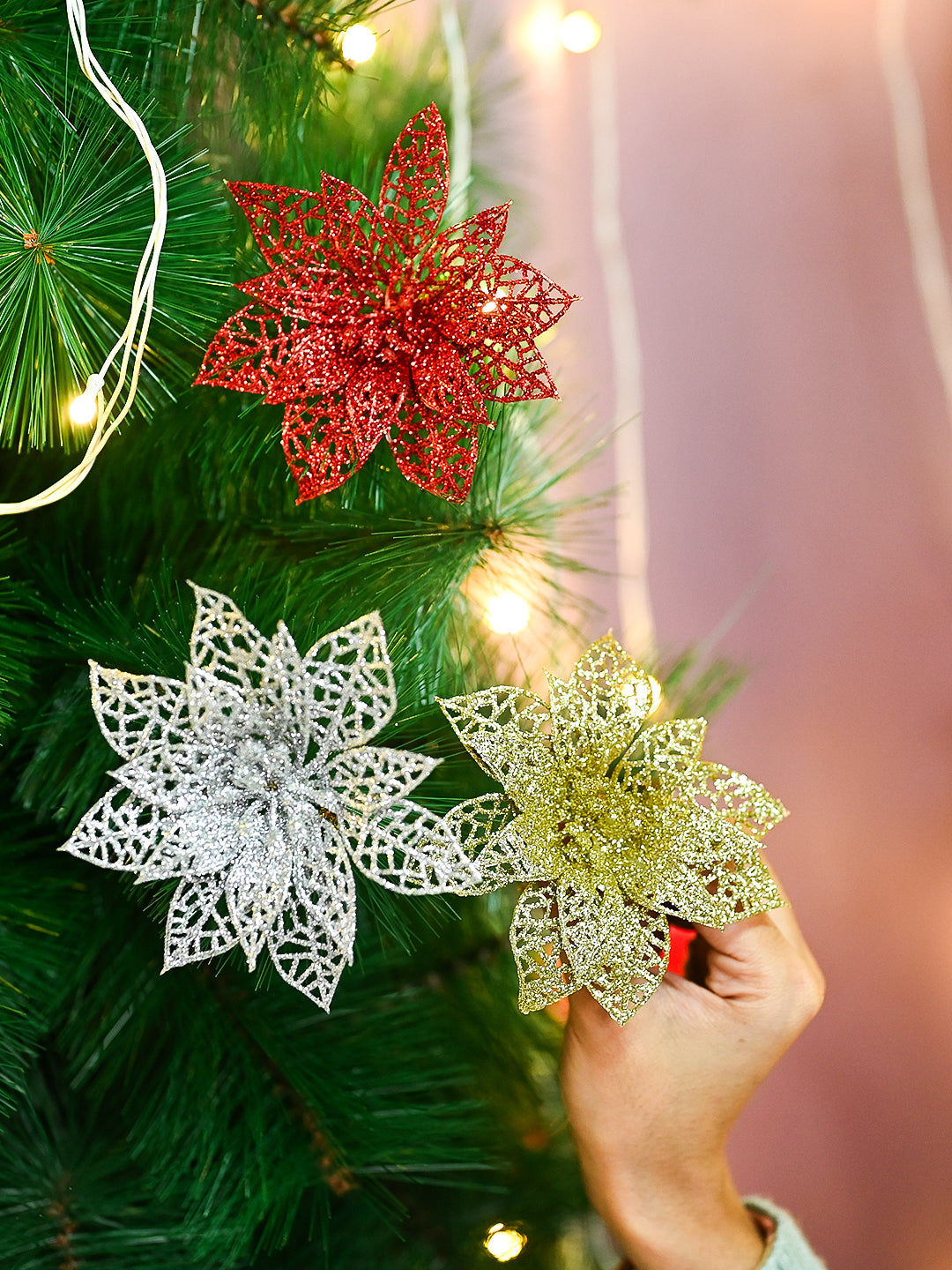 Christmas Decoration Star Set Of 2 (12 Pcs) - Golden & Silver, X-Mas Hanging