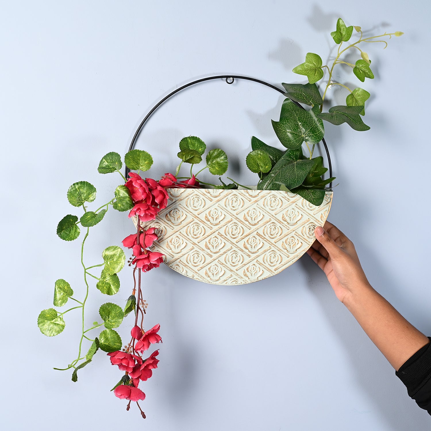 Large Wooden Hanging Planter – Light Green Embossed Design