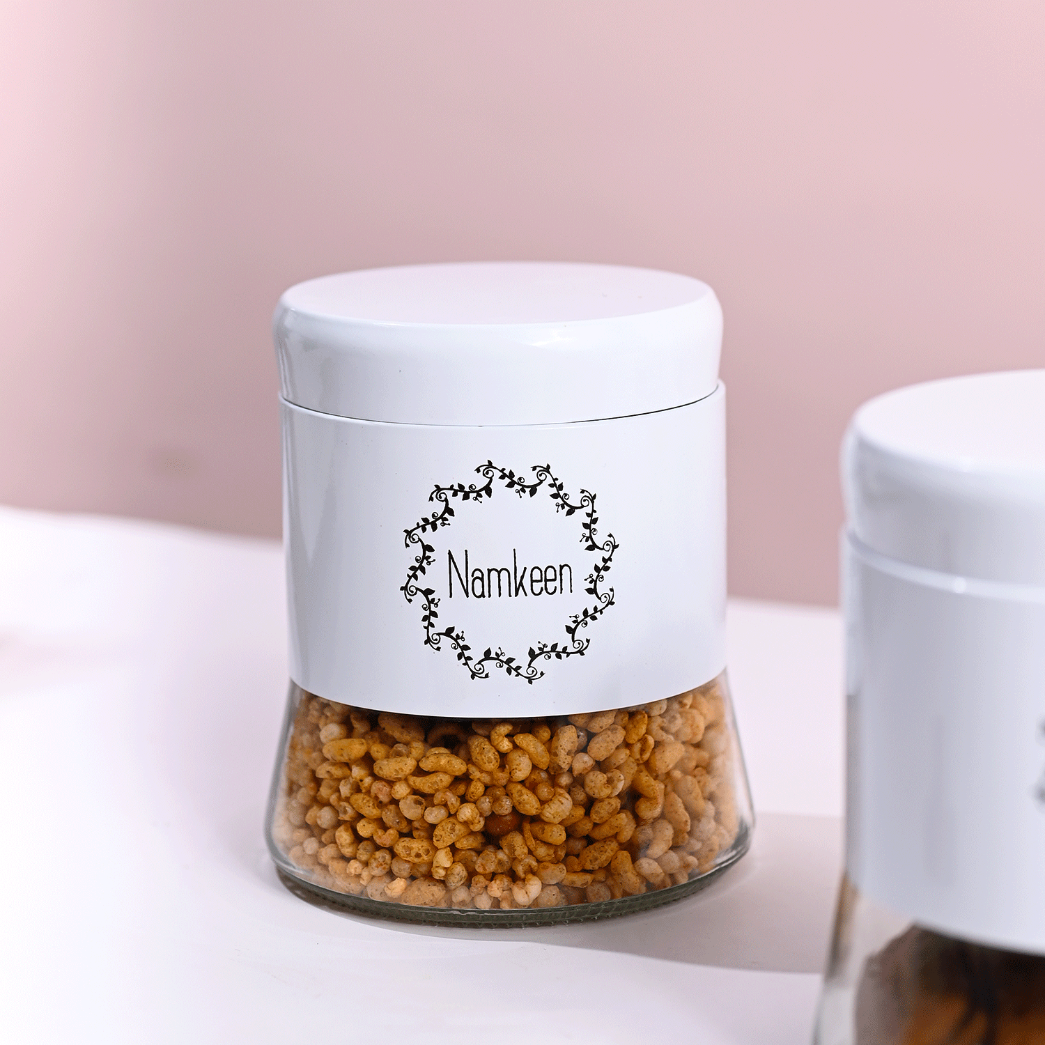 White Biscuit & Namkeen Jar Set Of 2, Each 600mL