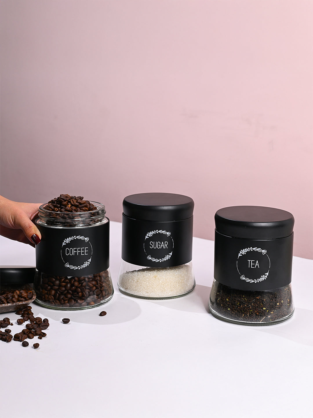 Black Coffee, Tea & Sugar Jar Set Of 3, Each 600mL