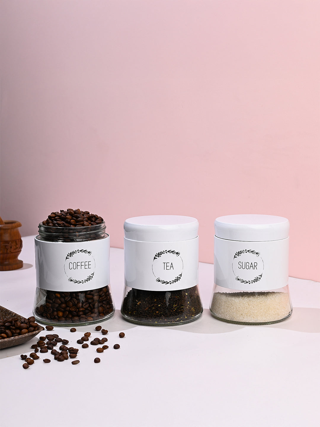 White Coffee, Tea & Sugar Jar Set Of 3, Each 600mL