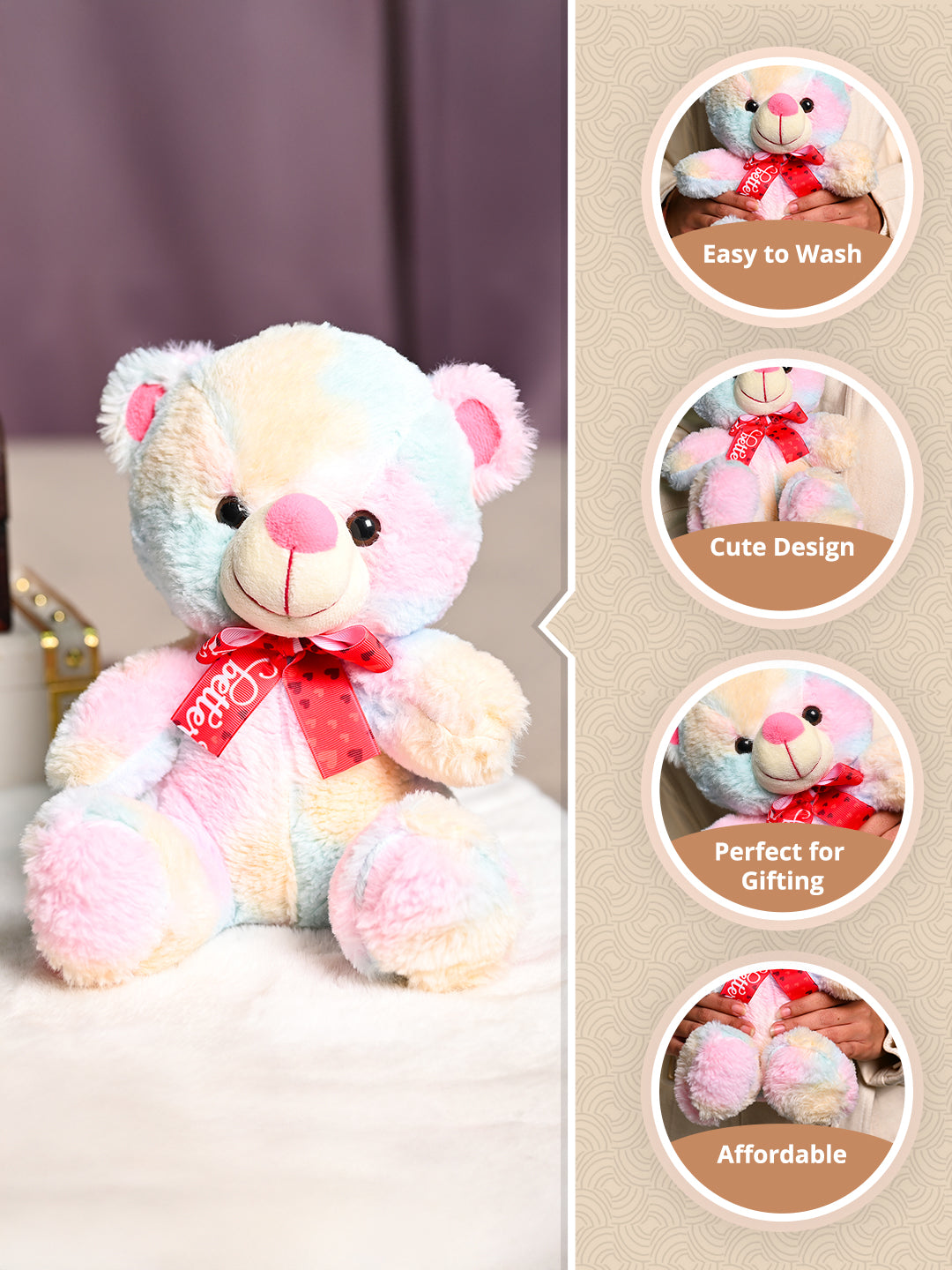 Rainbow Teddy Bear Toy With Neck Bow