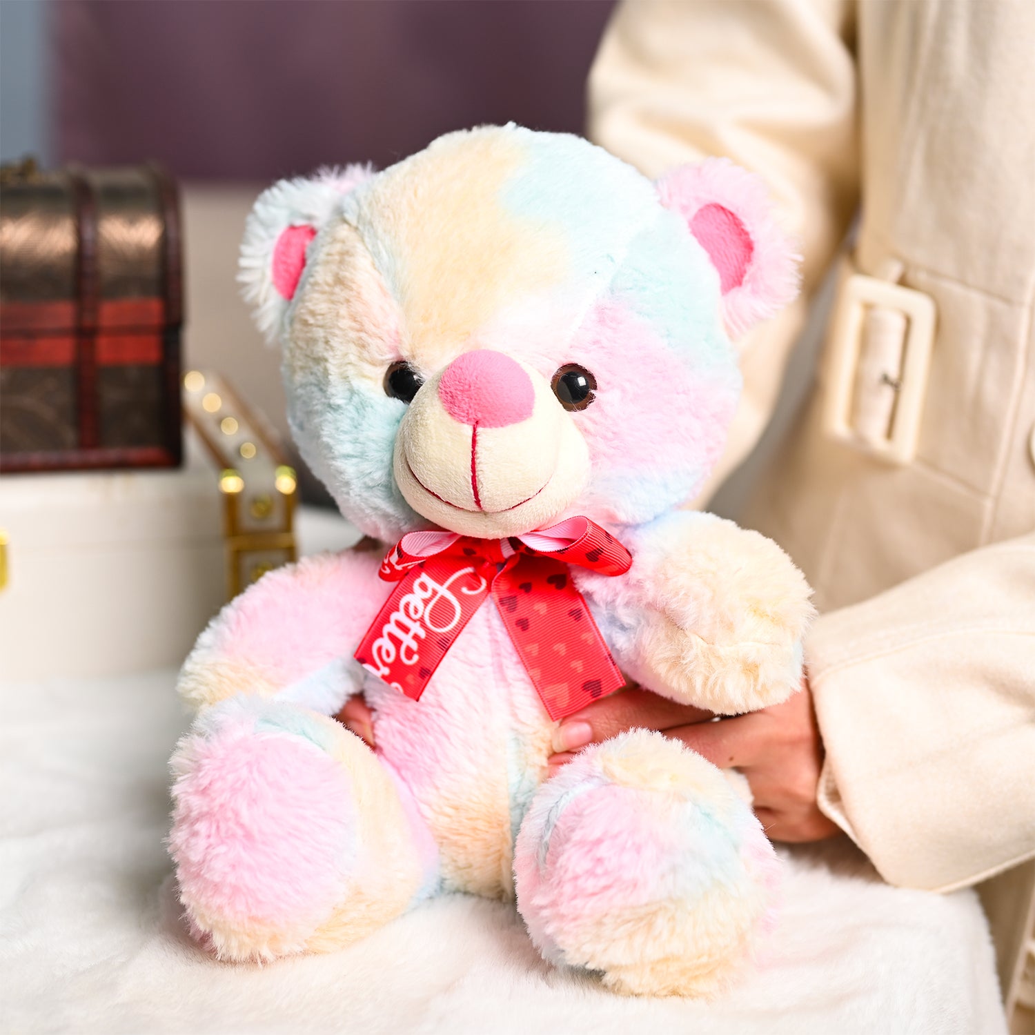 Rainbow Teddy Bear Toy With Neck Bow