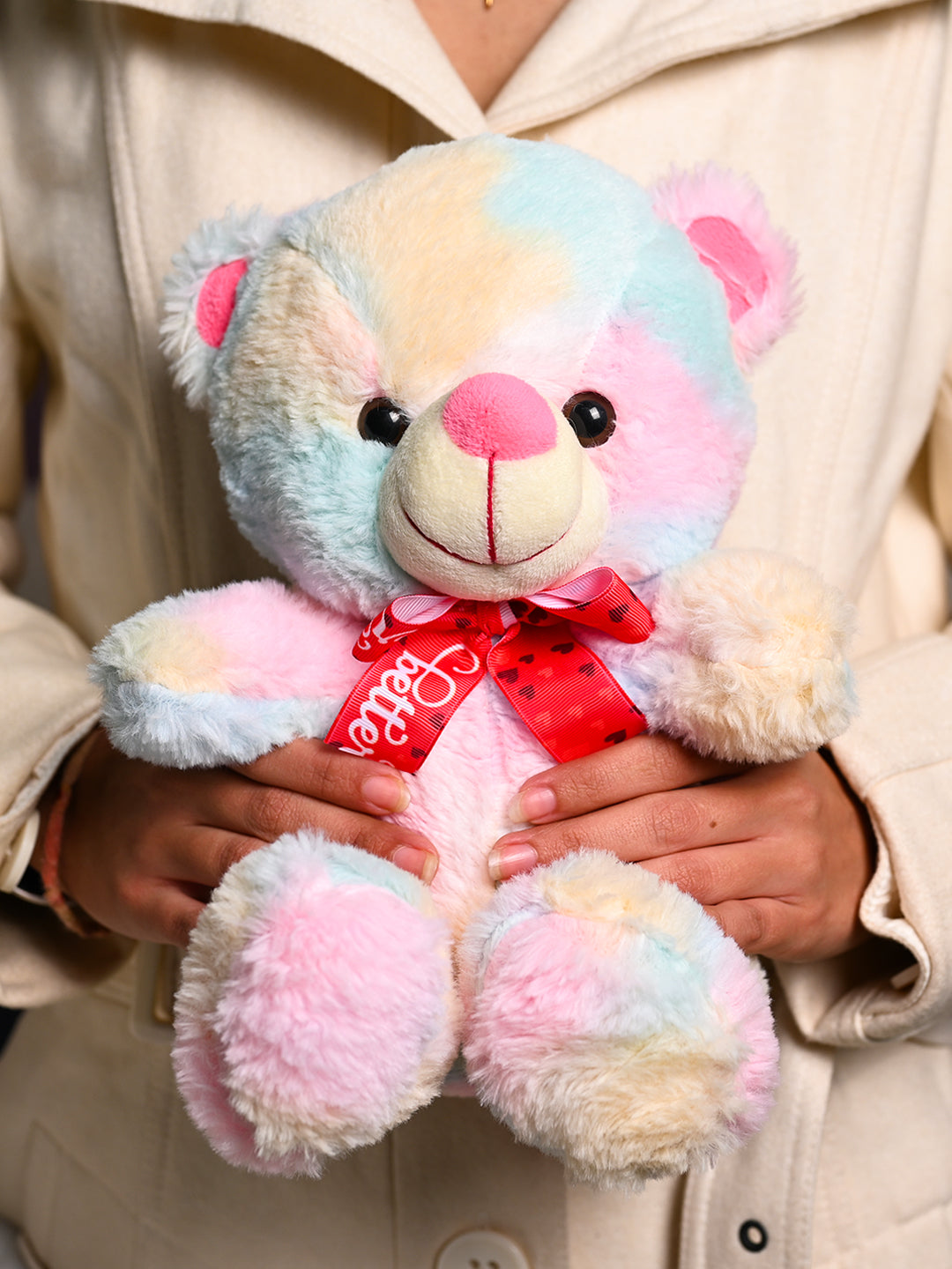 Rainbow Teddy Bear Toy With Neck Bow