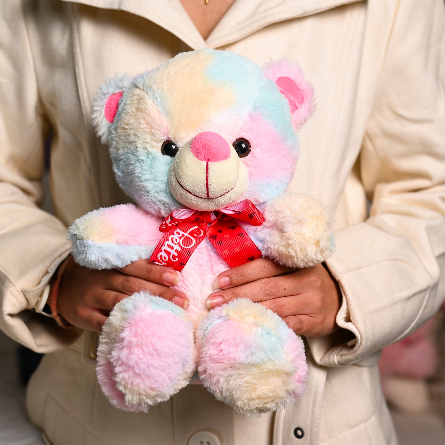 Rainbow Teddy Bear Toy With Neck Bow