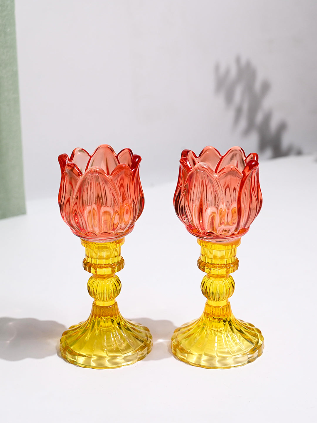 VON CASA Lotus Red & Yellow Glass T-Light Holder – Set of 2