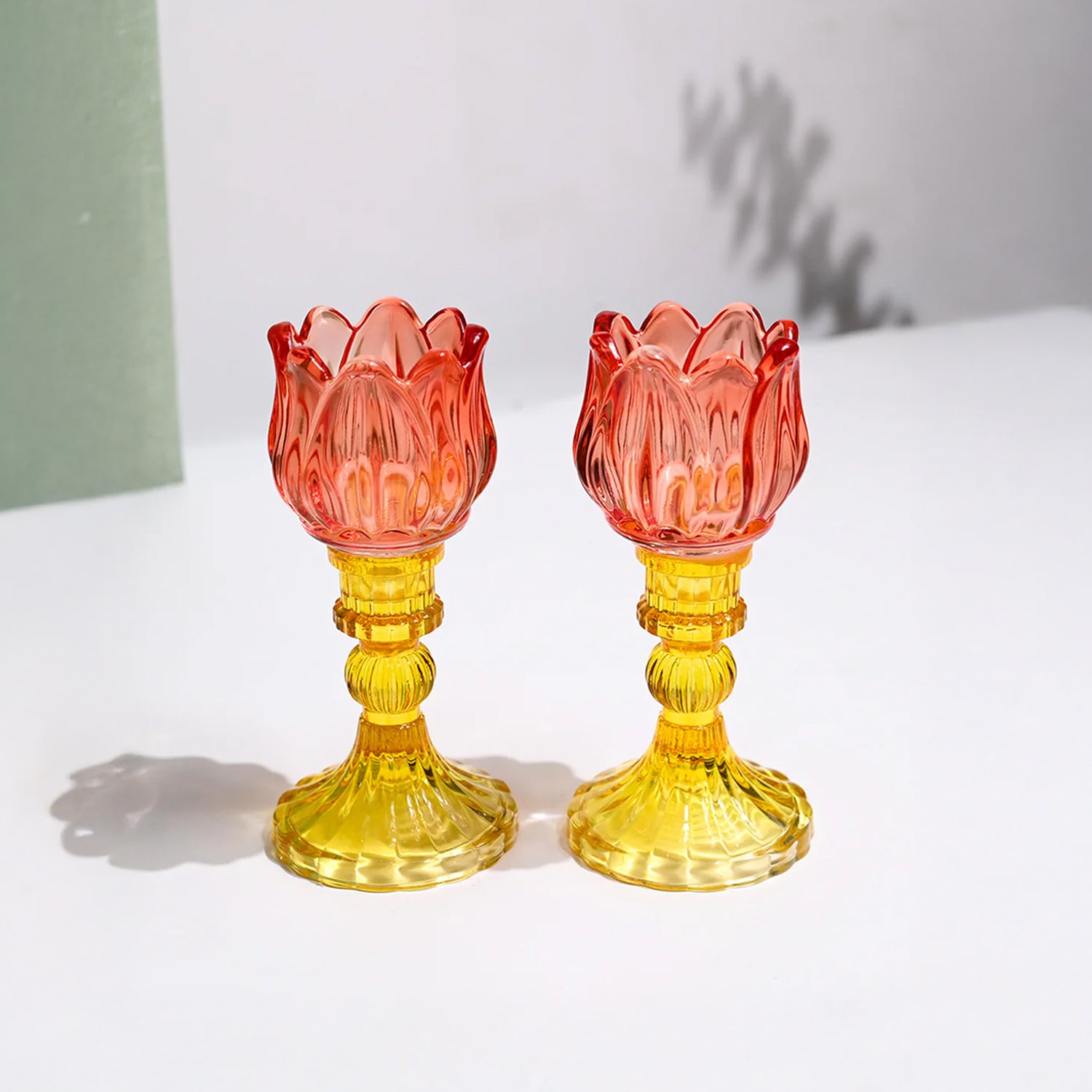 VON CASA Lotus Red & Yellow Glass T-Light Holder – Set of 2