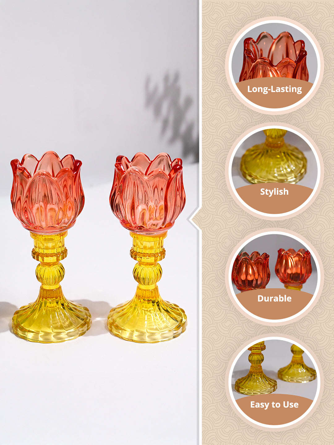 VON CASA Lotus Red & Yellow Glass T-Light Holder – Set of 2